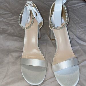 SHEIN White Satin Pearl-Ankle Block Heel Sandals